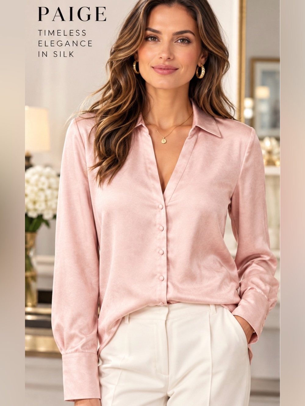 PAIGE Blush Pink Satin Button-Down Shirt Size M